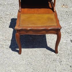 Vintage Midcentury 2 Tier Leather Top Insert End Table / Night Stand