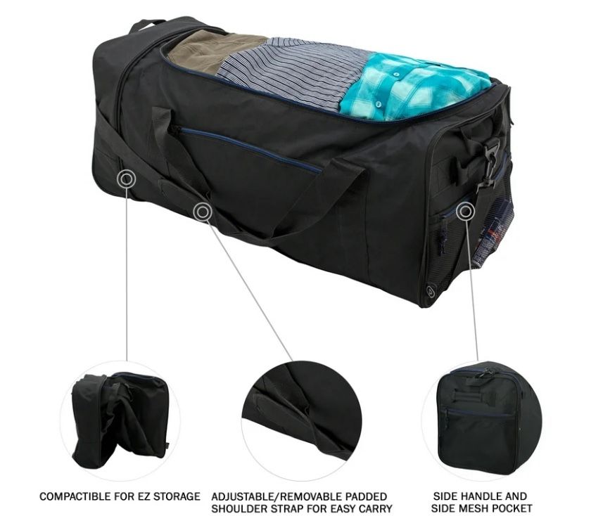 Protege 32 in Large Compactible Rolling Duffel Bag for Travel, Black