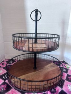 Wood and metal two tiered tray