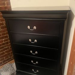 Dresser: Traditional Black Wood 5‑Drawer Chest with Silver Metal Hardware