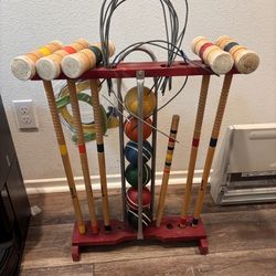 Vintage Sportcraft Croquet Set Complete w/ Stand 5 Players Made in USA 25”