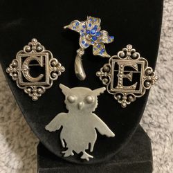 4 Vintage Silver Tone Brooches 