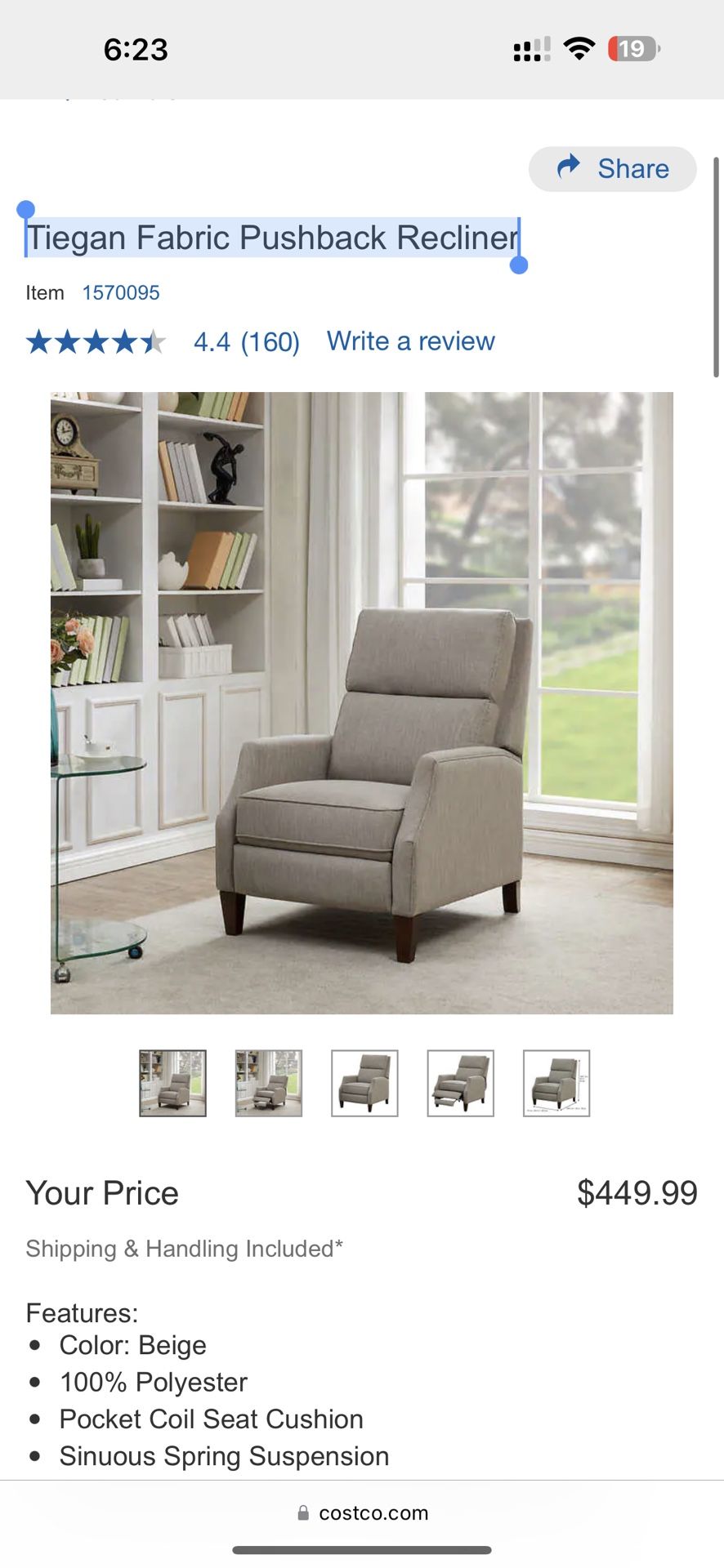 Tiegan Fabric Pushback Recliner