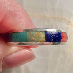 Beautiful Vintage Inlay Multi Stone Band Ring Sterling Silver Size-11
