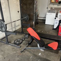 Squat Rack , Flat And Adjustable Bench ,weights ,bench Bar And Curls Bar