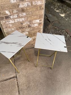 2 Faux-Marble Folding TV Trays With Gold-Metal Frame
