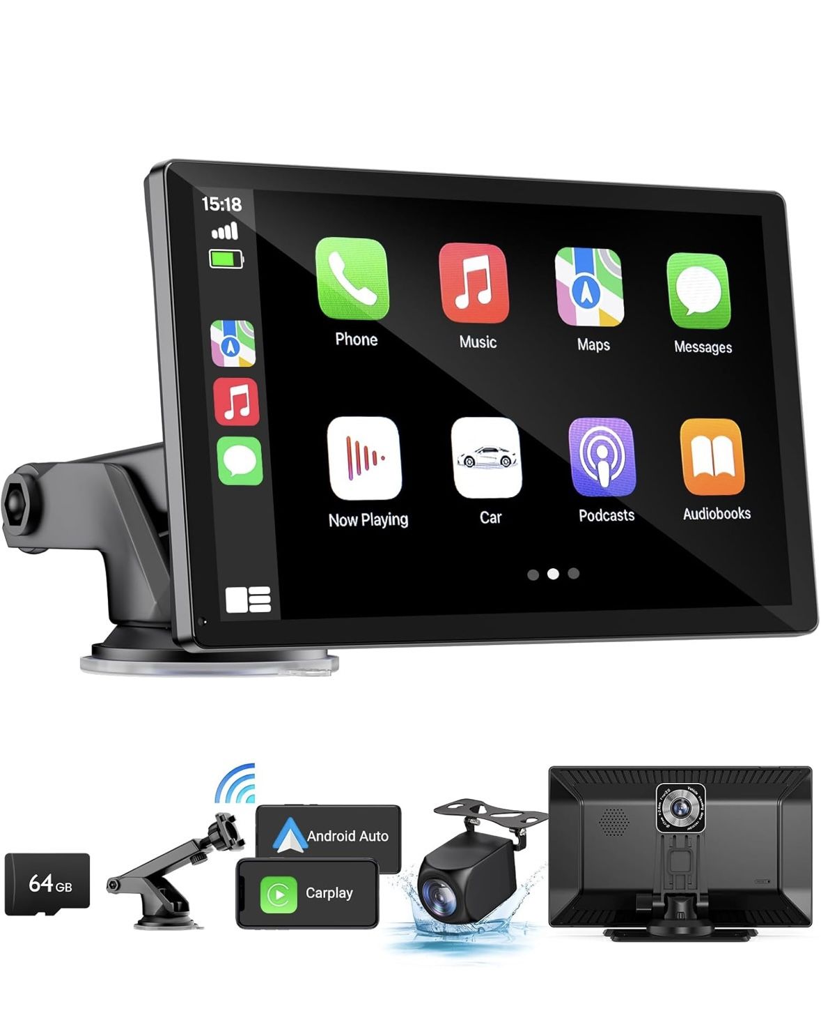 Wireless Apple Carplay Screen for Car 4K Dash Cam, 9" Portable Apple Carplay & Android Auto Car Stereo, with 1080p Backup Camera, GPS Navigation/Mirro