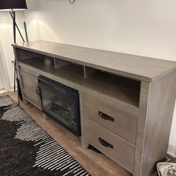 Rustic Wood Entertainment Console with Built-In Electric Fireplace + Remote