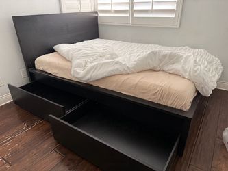 Modern Black Wood Full-Size Bed Frame with 2 Large Storage Drawers + Mattress – $240