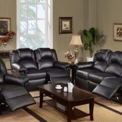 Brand New Black Leather Reclining 3pc Sofa Set 