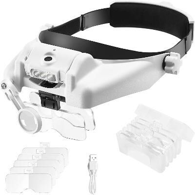 Headband Magnifying Glass with Light 1X to 14X, Rechargeable Handsfree Head Mount Magnifier, 6 Detachable Lens Visor Loupe Tool for Close Work Reading