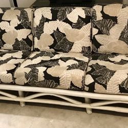 Neutral Whitewashed Rattan Couch. Tan, Black, Taupe & White Leaf Design.