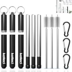 NEW! Premium 3 Pack Reusable Collapsible Straws w/ Case & Keychain, Stainless Steel Telescopic Straw