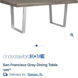 San Francisco Grey Dining Table, Gray bench, and Gray cocktail table
