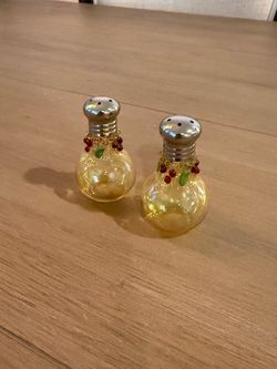 Hand Blown Iridescent Glass Salt & Pepper Shakers w/ Hand-Painted Berry & Leaf Design