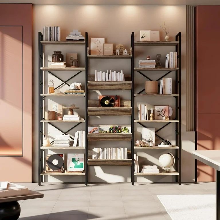 IRONCK Bookshelves 6 Tiers Triple Wide Bookshelf, Large Etagere Bookshelf Open Record Player Shelves with Metal Frame for Living Room Home Office