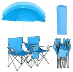 Double folding camping chairs with umbrella, with fold up beverage holder mini cooler