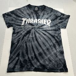 Thrasher Skateboard Magazine T Shirt Tie Dye Black Gray Spiral Logo Size S