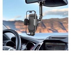 Quyee Phone Holder Car, Rear View Mirror Phone Aluminum Alloy Mount Multi-Angle Adjustment Rotatable and Retractable Compatible with All 4-7 Inch iPho