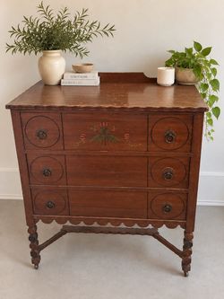 Antique Folk Art Floral Dresser • Scalloped Apron & Bobbin Legs