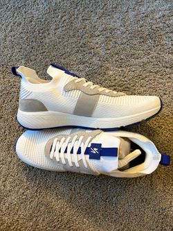 White Knit Mens Rival Sneakers with Blue Accents