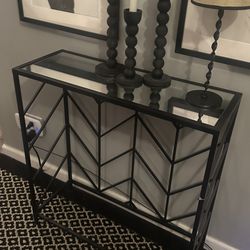 Black Metal Credenza Table Narrow Mirrored Top