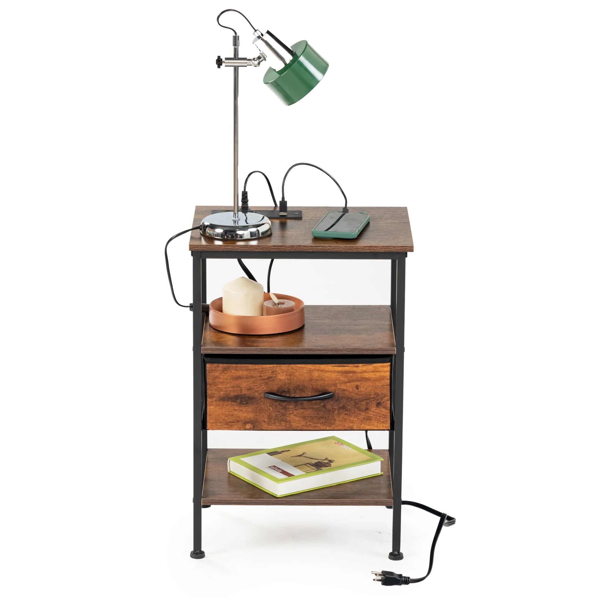 🖤Black Friday🖤 Homy Casa ANBY Nightstand with USB Port and Open Shelf Storage Vintage Brown