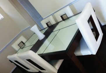 Modern Glass-Top Dining Table with Chairs – Dark Wood – Seats 6-8