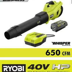 RYOBI
40V HP Brushless Whisper Series 160 MPH 650 CFM Cordless Battery Leaf Blower with 4.0 Ah Battery and Charger