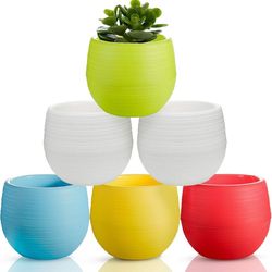 Plastic Plant Pots 6 Pack, 4 Inch Colorful Cute Egg Shape Flower Pots Indoor, Removable Saucer Plant Pot with Drainage Hole for Cactus, Succulent, See