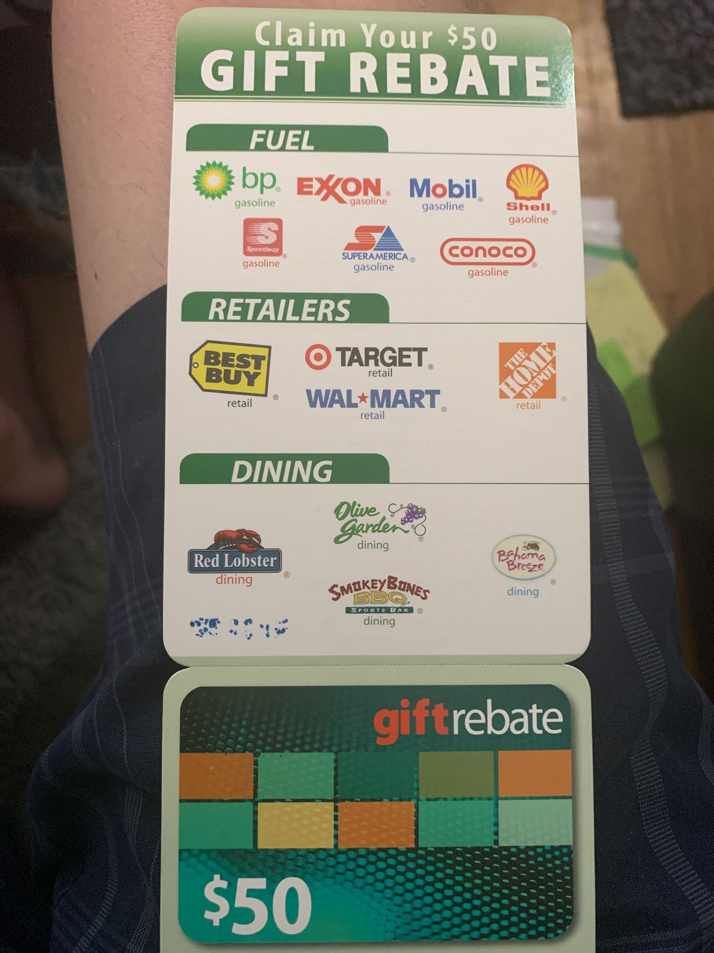 $50 rebate card to places on card