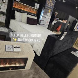 🌟Queen, King Light Up Fireplace TV Pop Up Bed Frame 💥 Furniture Sectionals Avail