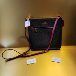 NEW Coach C1554 Rowan File Bag Signature Canvas Crossbody Bag Brown 1941 Red