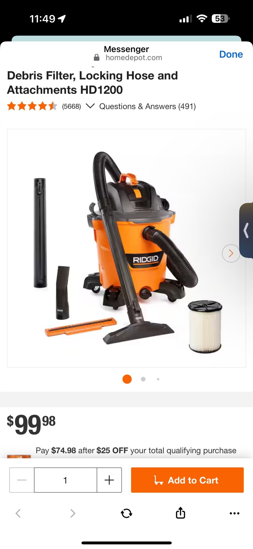 12 Gal. 5.0 Peak HP NXT Shop Vacuum Wet Dry Vac with General Debris Filter, Locking Hose and Attachments HD1200