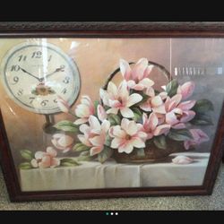 NEW LARGE FRAMED FLORAL PRINT ART ARTWORK HOME DECOR PICTURE DECORATION FLOWERS & OLD CLOCK - GIFT!
