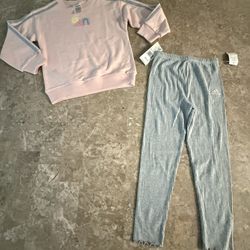 Adidas Girls Sz 6X 2- Piece Set Light Pink Pullover Sweater & Gray Grey Ribbed Leggings Sunshine Rainbow 