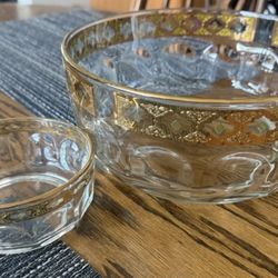 Vintage Arcoroc France Valencia Crystal Bowl 22K Gold Trim Green Glass Diamonds