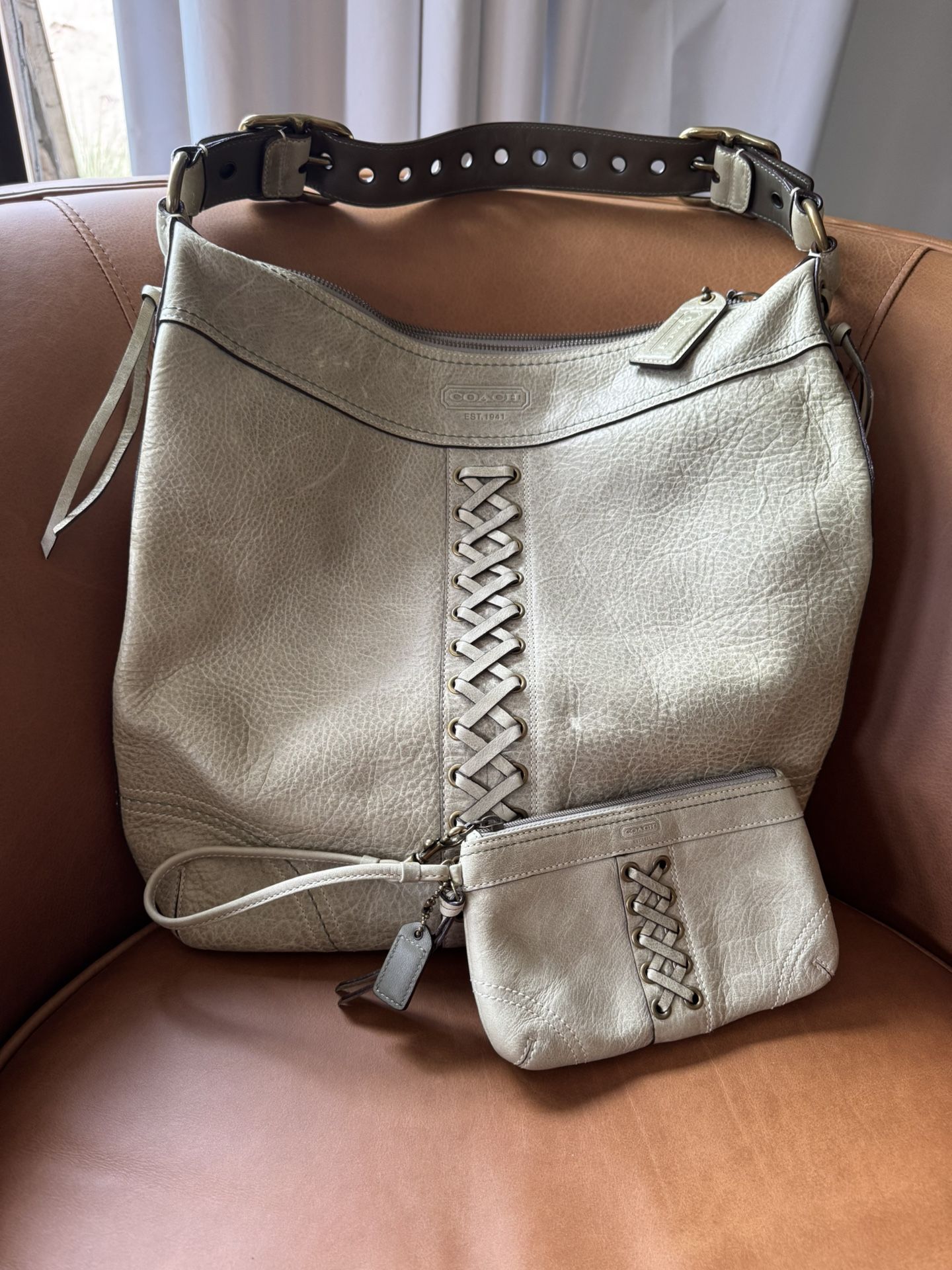 Coach Leather Sage / Olive Green Pebble Lace Up Bag
