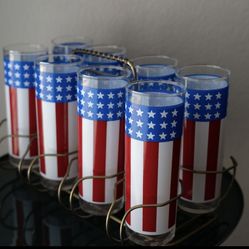 Vintage Drink Caddy And Patriotic Glasses