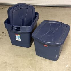 Six (6) 18 Gallon Blue Rubbermaid Storage Bins Totes Perfect For Garage