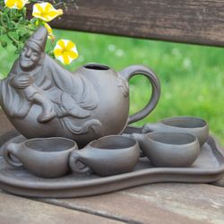 Yixing Smiling Man Tea Set | Purple Clay Teapot | Yixing Teapot with Tray and Cups | Vintage Tea Set
