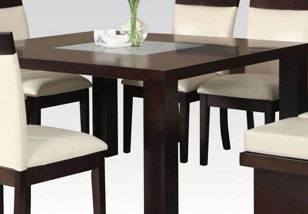 Square Bar Hight Dinning Table With 6 Leather Chair Stools, Glass and White Stones decor In Glass!
