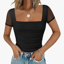 Chunpin Women's Square Neck Bodysuit Ruched Top Mesh Long Sleeve Bodysuits Thong Body Suits Leotard Shirt Going Out