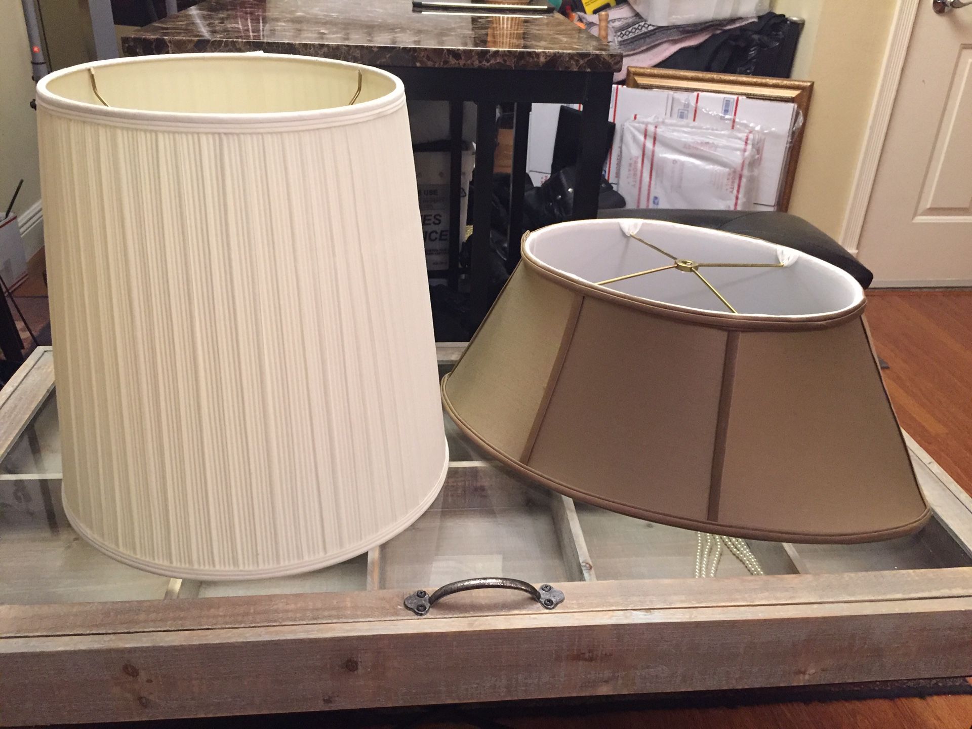 PAIR VINTAGE LAMP SHADES - ONE PLEATED ONE BEIGE SILKY OBLONG - SOLD TOGETHER!