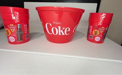 Coca-Cola Enjoy Coke Red Bowl with 2 Plastic Cups 3-Piece Set Soda Theme