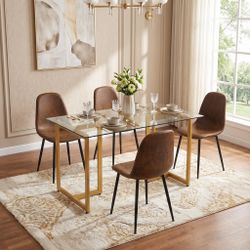 Homy Casa STAN+CHARLTON 5PC Dining Set 47.2" Dining Table with 4 Dark Brown Suede Dining Chairs in Clear and Gold Open Box