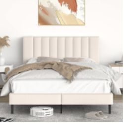 Cream, velvet Upholstered Queen Bed Frame 