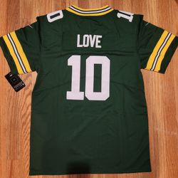 Green Bay Packers football jersey, number 10, belonging to Jordan Love. Sports attire.