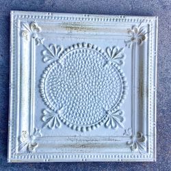 Gorgeous Large Antiqued White Wood Framed Antique Ceiling Tin