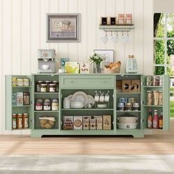 54.3"W Kitchen Storage Cabinet with Adjustable Spice Racks, 4 Door Buffet Sideboard with Large Drawer, Coffee Bar for Dining Room, Green